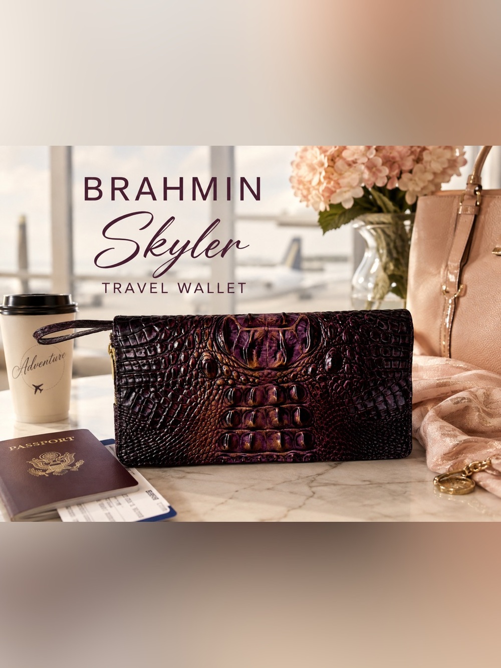 Brahmin Skyler Travel Wallet - fig jam Croc with Brown Highlights Melbourne lea